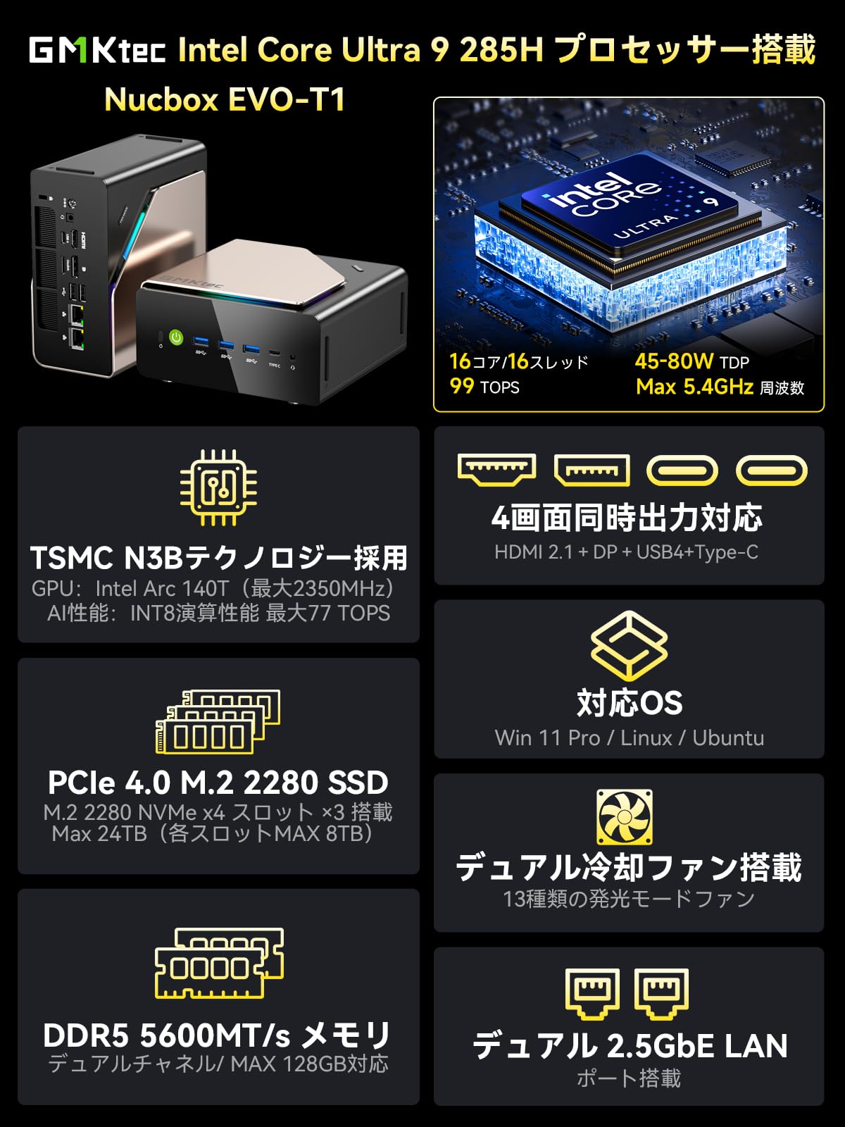 使用短め GMKtec EVO-T1 Core Ultra 9 285HミニPC Amazon.co.jp: GMKtec EVO-T1 AI ミニPC【第14世代】Intel Core U9